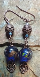 Blue and Copper Local Painted Glass Bead Earrings 