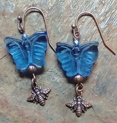Pollinators - Blue Glass Butterfly & Copper Bee Earrings 