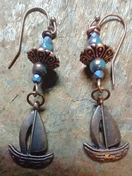 Sailboat in Czech Glass, Shiny Blue Faceted Stone and Copper Earrings 