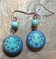 Octopus Czech Glass Coin and Turquoise Howlite Earrings 